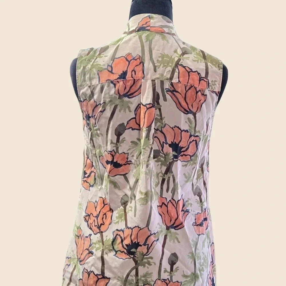 Tory Burch‎ Silk Floral Tie Neck Blouse Size 0 Sleeveless Poppy Print